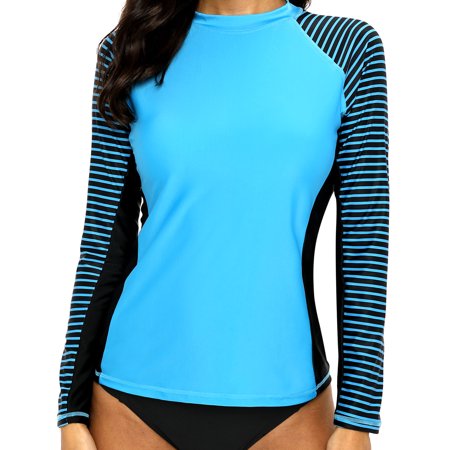 Charmo Women's Long Sleeve Rashguard UPF 50+ Sun Protection Swimsuit Top Striped Swim Shirts for Swimming, Hiking,
