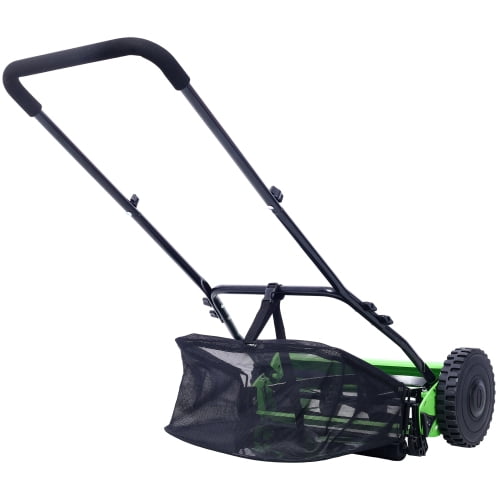 16-Inch Push Reel Lawn Mower, 5-Blade with Grass Catcher, Adjustable Height, Manual, Green