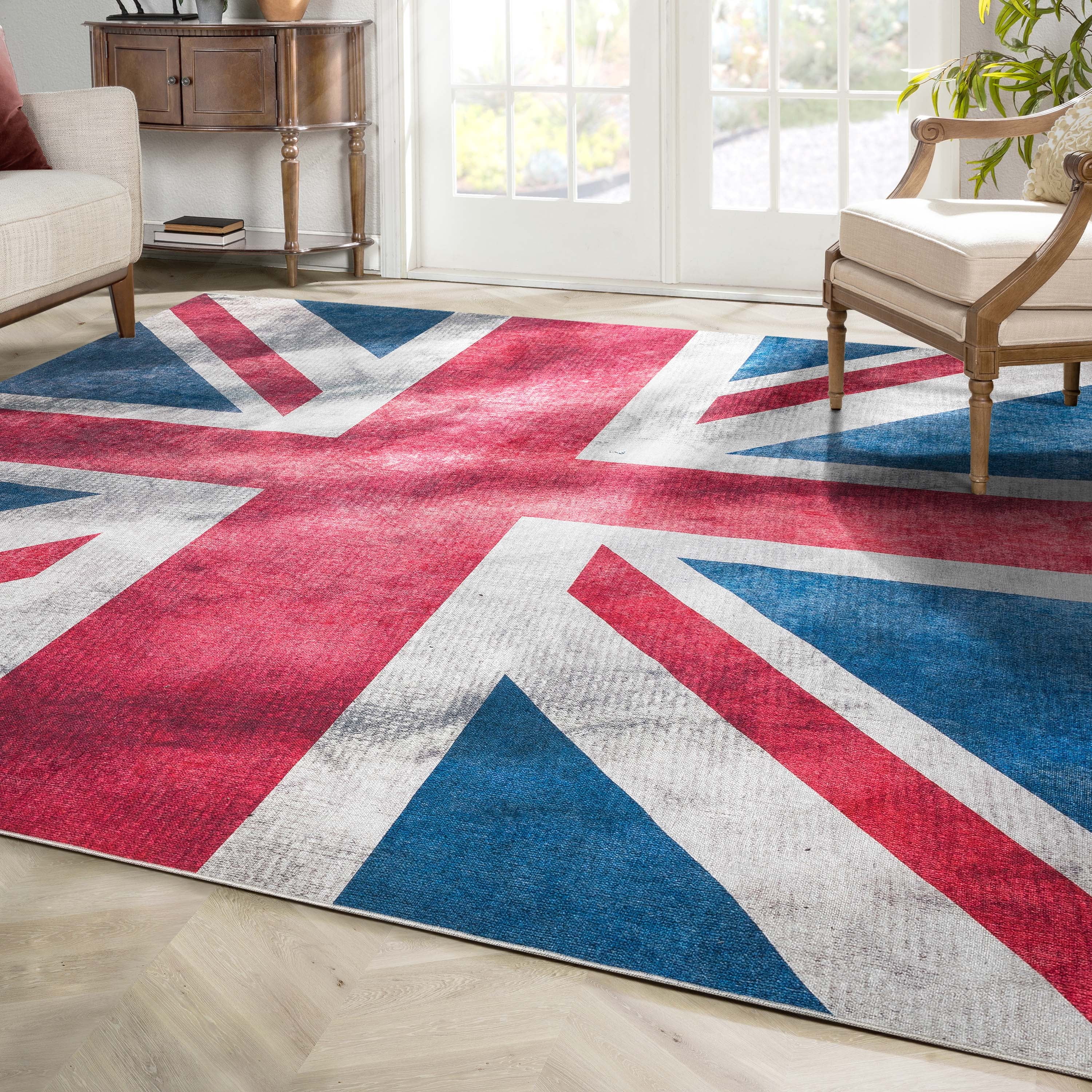 Well Woven Apollo British Flag Union Jack Royal Flag Vintage Red Blue White Flat-Weave Easy to Clean 7'7" x 9'10" Area Rug