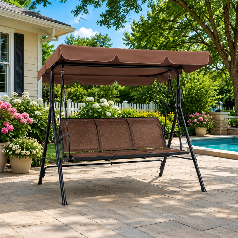 Renwick 3-Seat Outdoor Patio Swing Chair with Adjustable Canopy, Dark Brown