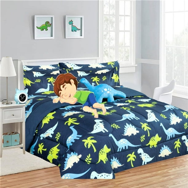 Juego de edredón de 6 piezas, tamaño doble, fácil de lavar, con estampado de dinosaurio azul, súper suave, con sábanas y almohada, peluche decorativo para cama de niños, niñas y niños.