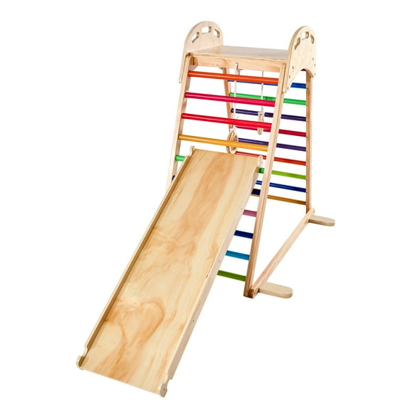 KFFKFF Indoor Wooden Playground Set, 4-in-1 Playset with Climbing Rock, Slide, Ladder & Gym Rings, Montessori-Inspired Climbing Toys for Kids, 220LBS Capacity