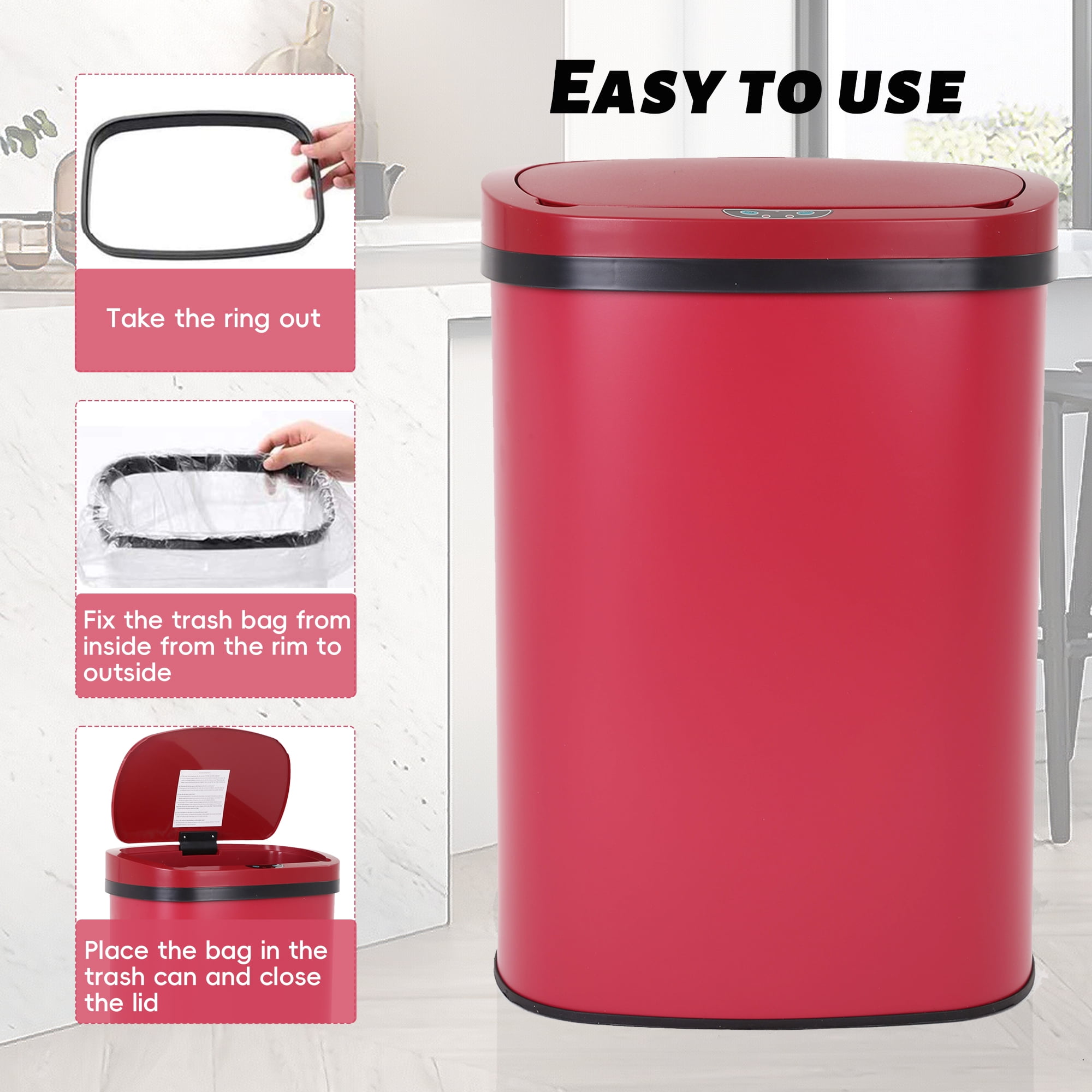 Touch Free Stainless Steel Trash Can 13 Gallon for Kitchen, Automatic Garbage Can with Lid Trash Bin for Bathroom Kitchen Wastebaskets for Bedroom Auto Open Trash Cans Motion Sensor, Red