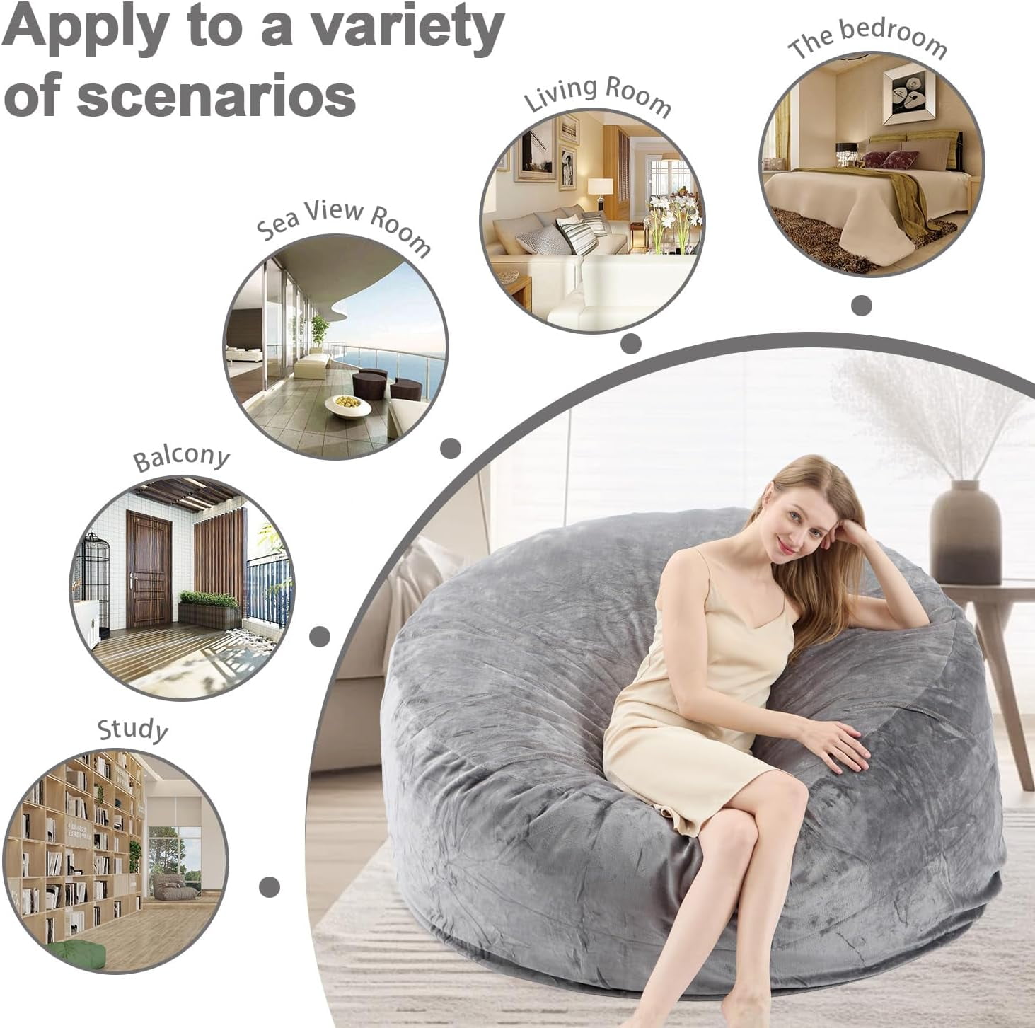 VIREO Bean Bag Chair - 4FT Bean Bag Chairs for Adults Memory Foam Filler Beanbag Chair with Ultra Soft Removable and Washable Flannel Cover, Beanbag Chairs for Living Room - Grey