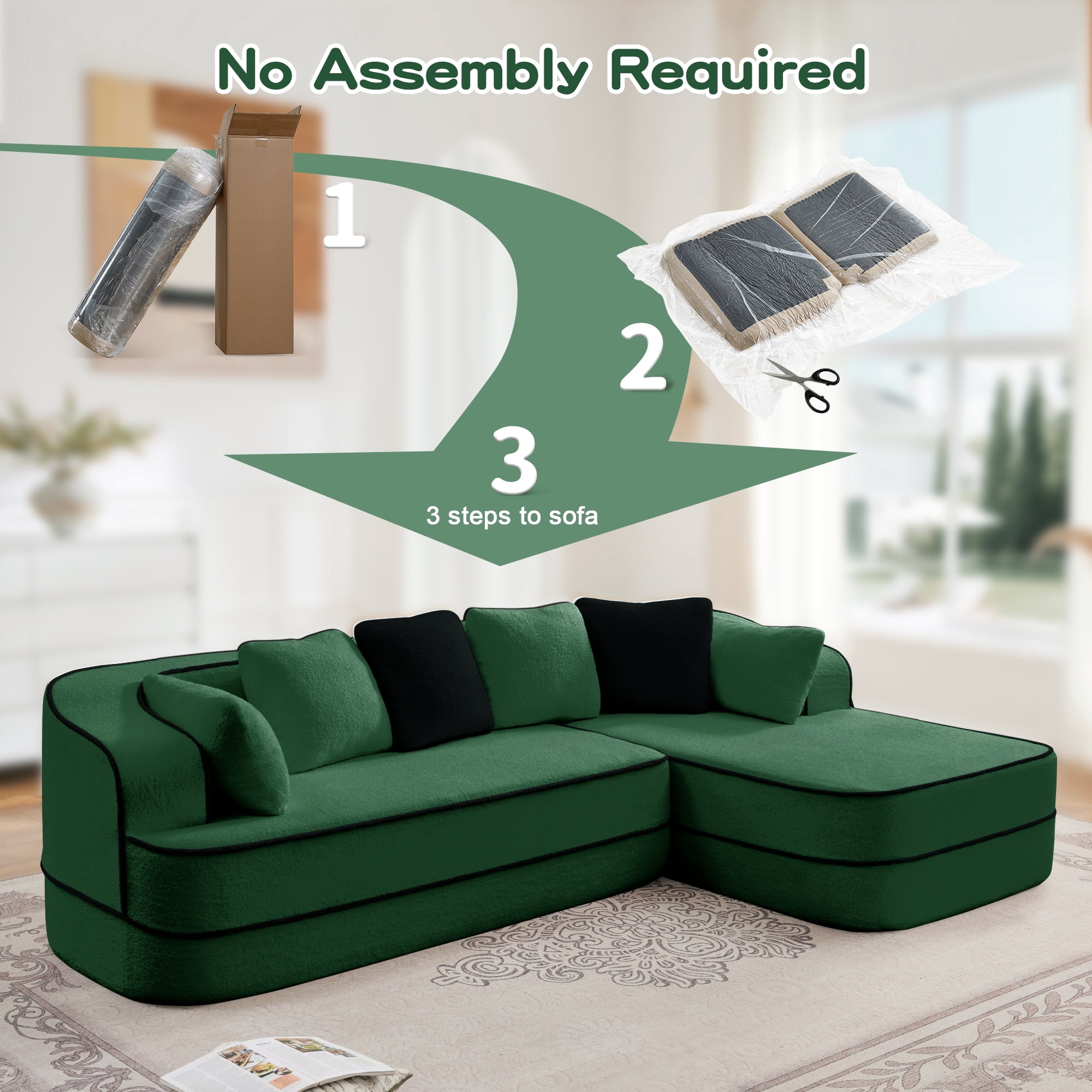 MAYEERTY 105.9" L-Shaped Teddy Fabric Boneless Sofa, Green 1200LBS Capacity 32D Foam No Assembly Couch with Chaise for Living Room