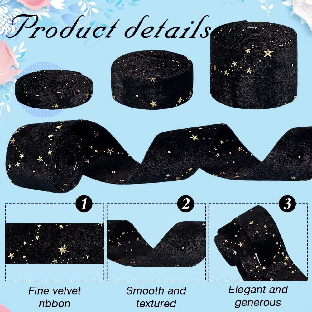 6.56 Yards(6m) Double Faced Velvet Ribbons with Star Motif 3/8 inch 1 inch 2 inch(1cm 2.5cm 5cm) Black Satin Trims Flat Ribbon Roll for Gift Wrapping Decor Party Wedding Crafts 1set