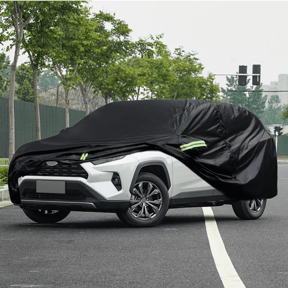 Car Cover Fit for Toyota RAV4, SUV Full Car Cover with Reflective Stripes Storage Bag Driver Door Zipper, Windproof Waterproof All Weather Protection Black
