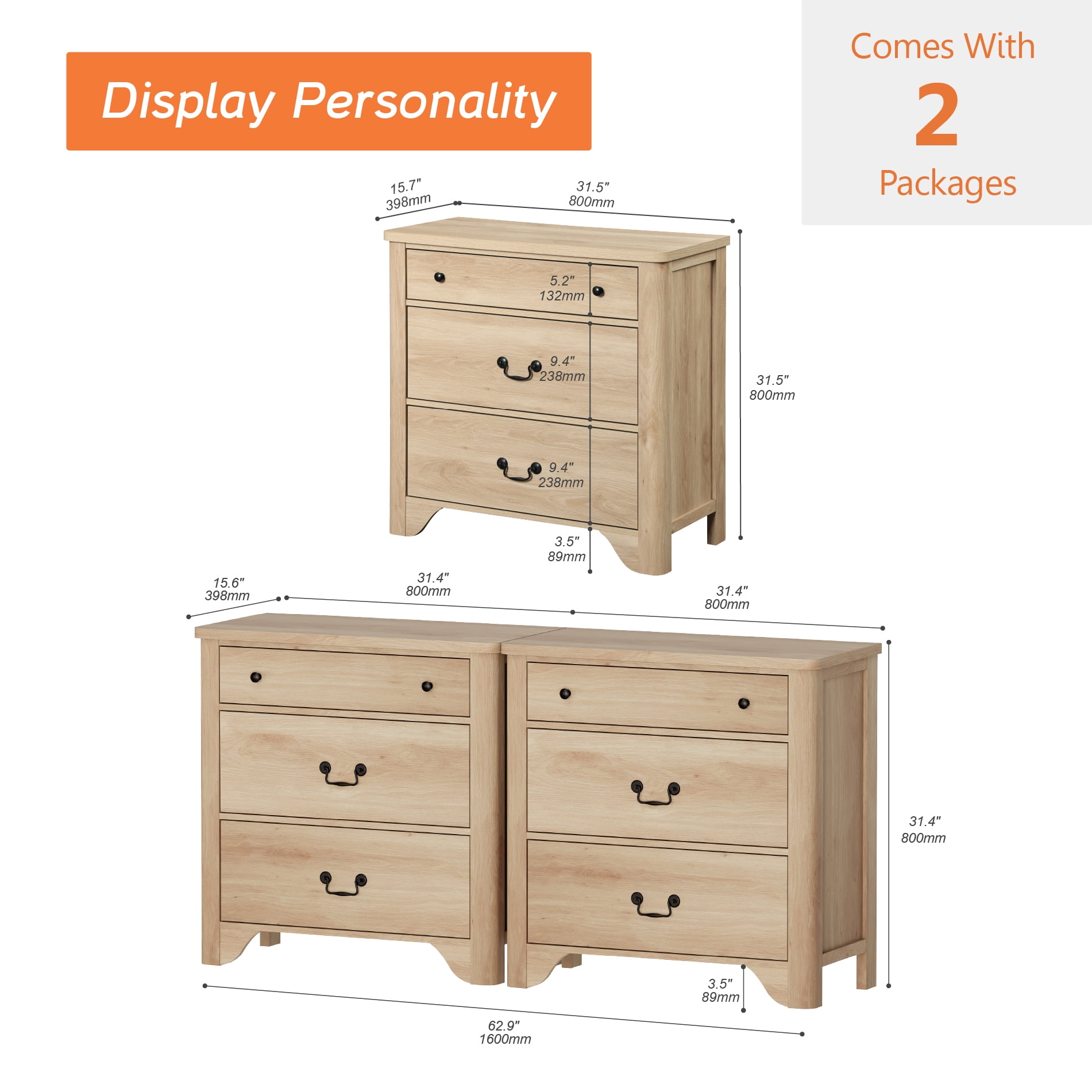 Set Of 2 Nightstand With 3 Drawers, Mid Century Modern Wooden Closet Storage Organizer