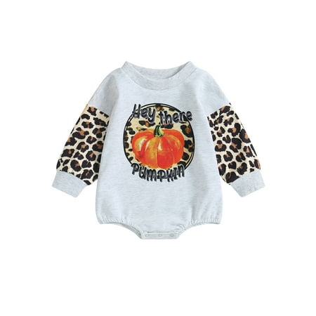 

Qtinghua Newborn Baby Girls Halloween Clothes Romper Long Sleeve Leopard & Pumpkin Print Bodysuit Jumpsuit Gray 6-12 Months