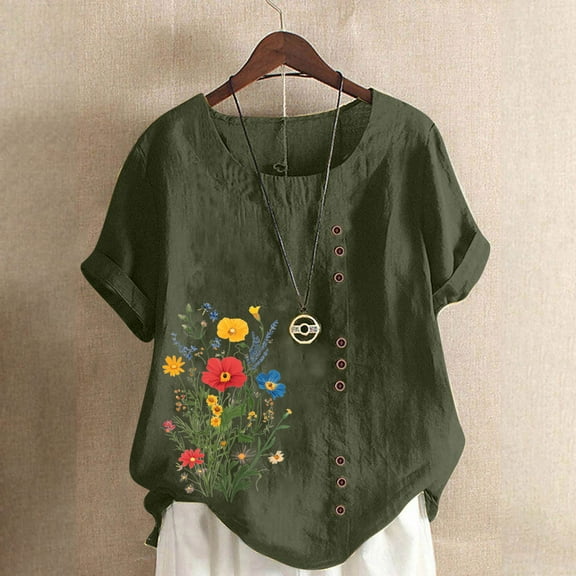 Plus Size Tops for Women Short Sleeve Button Floral Print Casual T-shirt Blouse Army Green XXXXXL
