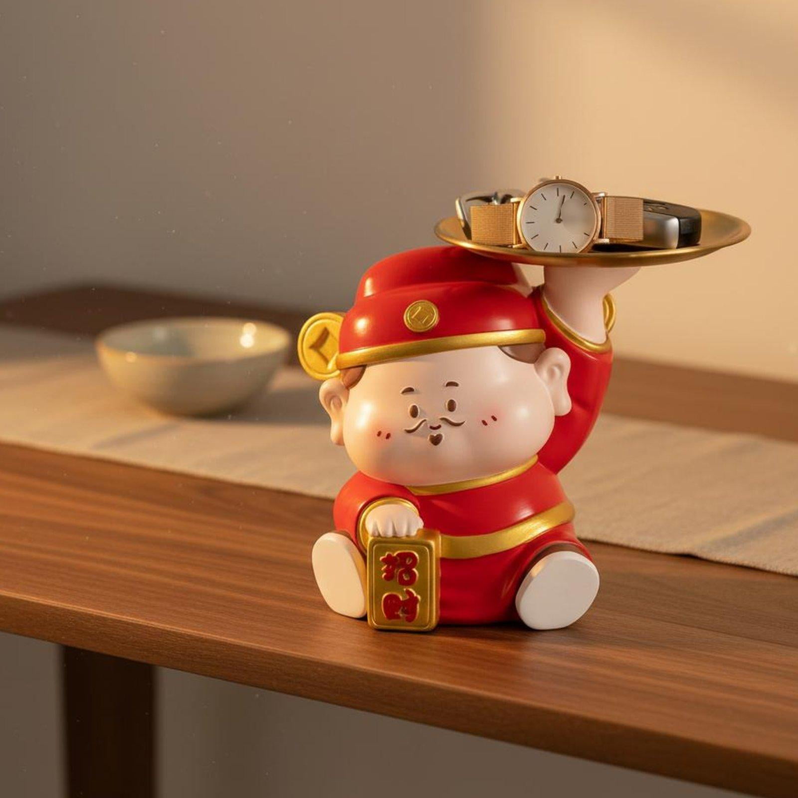 EHJRE Fortune Deity Figurine Resin Craft Cai Shen Statue Storage Bowl Chinese Design Zhaocai