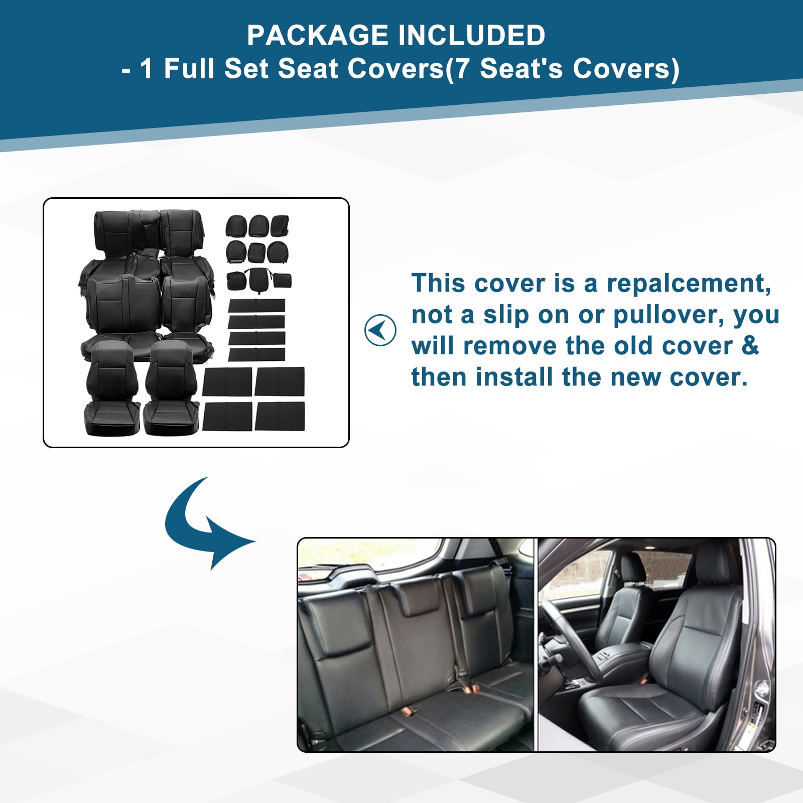 Kojem  Black Leather Car Seat Covers for 2014-2019 Toyota Highlander LE/Hybrid LE 7 Seat's Covers
