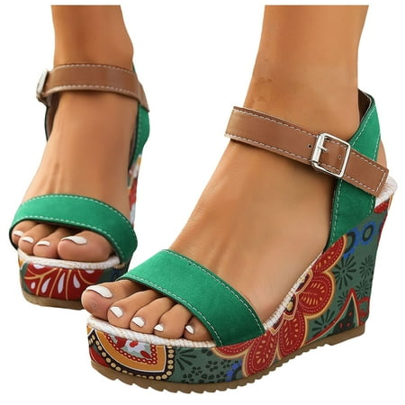

GHSOHS Womens Sandals Slippers Black Sandals Fashion Shoes for Women Flat Sandals for Women Summer Retro Ethnic Style Printing High Heel Thick Bottom Buckle Slope Heel Sandals Keen Sandals for Wo 8