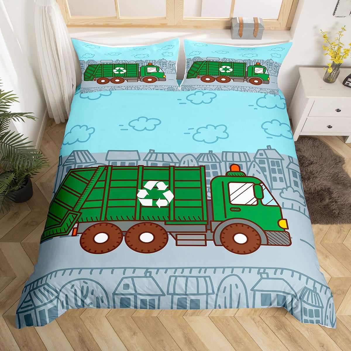Recycling Trash Truck Comforter Cover Kids,Green Garbage Truck Bedding