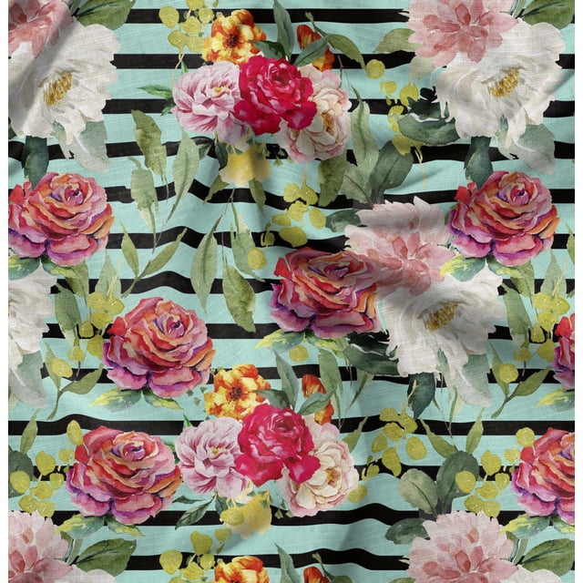 Soimoi Green Poly Georgette Fabric Stripe & Grandiflora Roses Floral Printed Fabric 1 Yard 52 Inch Wide
