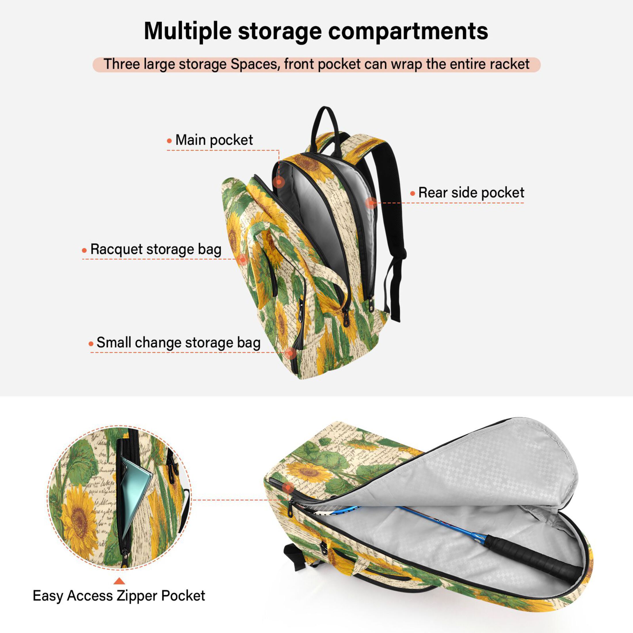 2 Racquet Holder Tennis Backpack Tennis Racket Covers Gym Bags Retro-chic Sunflowers