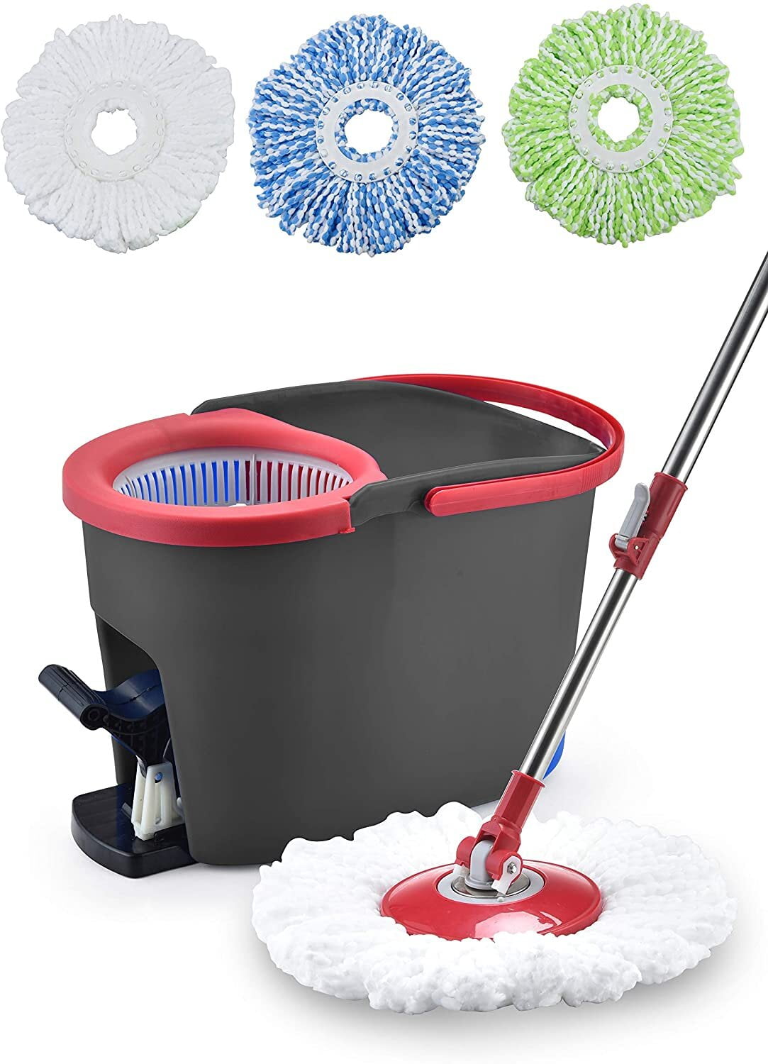 Simpli-Magic 360 Spin Mop and Bucket with Foot Pedal and Soap Dispenser & 3 Microfiber Heads, Red/Black