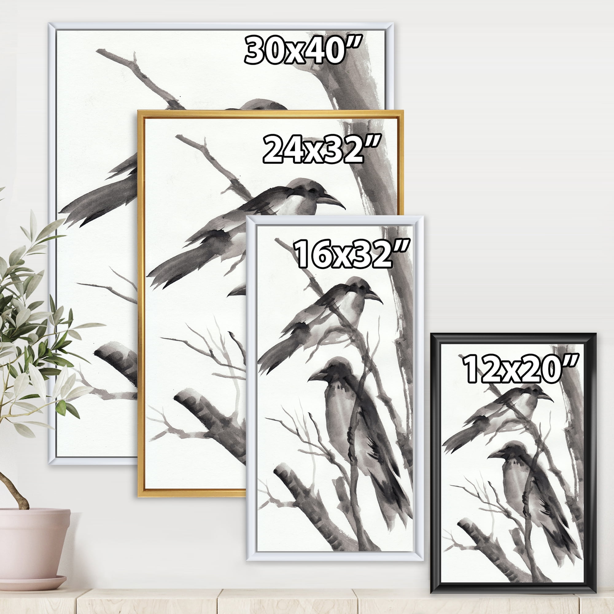 Designart 'Vintage Black and White Sleeping Crows' Traditional Framed Canvas Wall Art Print