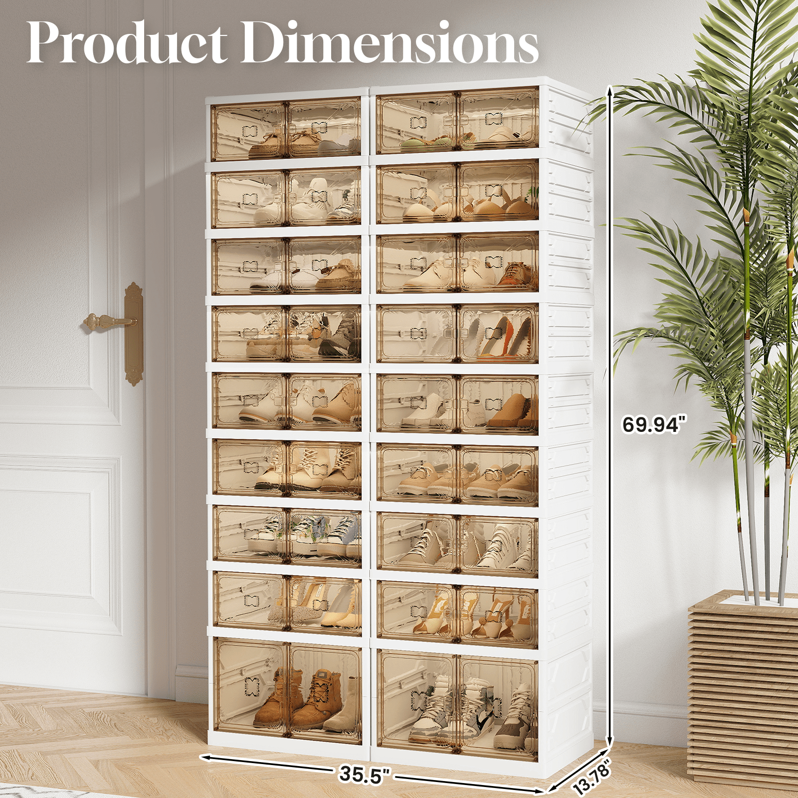 Bezliving 9-Tier Foldable Shoe Rack Organizer, 36 Pairs Stackable & Collapsible Shoe Cabinet with Transparent Doors & Leather Handles, Space-Saving Storage for Entryway, Closet, Kitchen, White