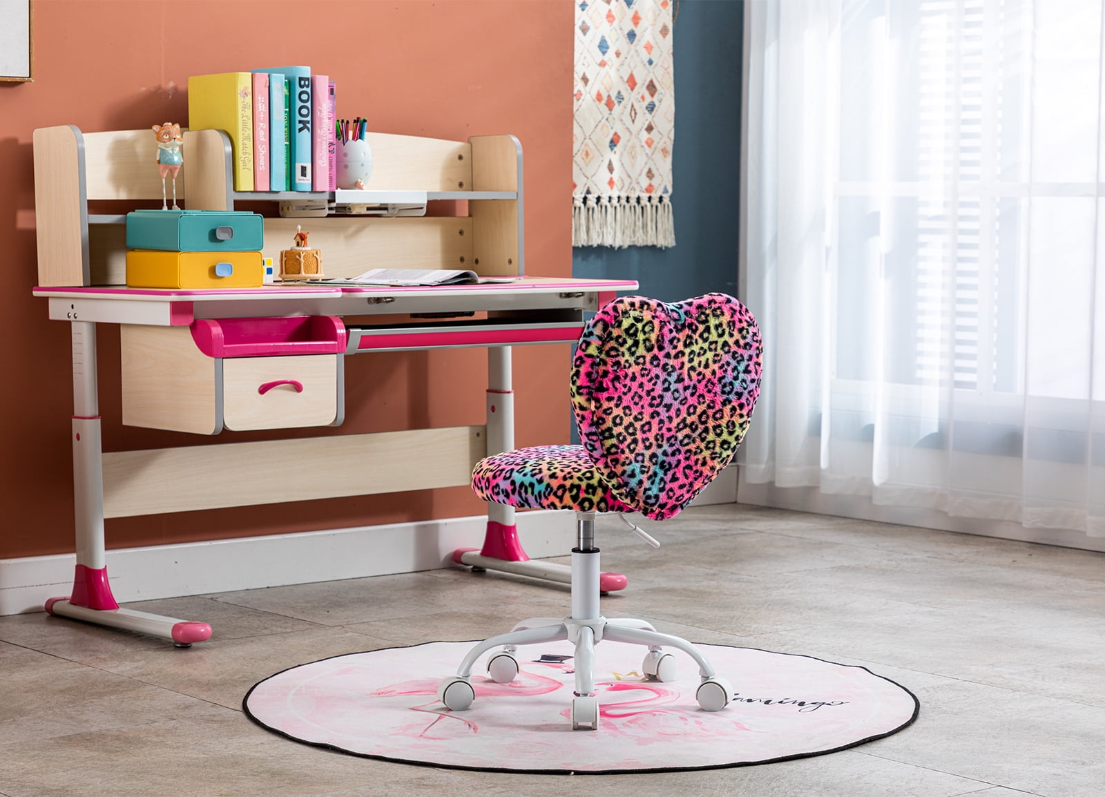Guyou Cute Fluffy Kids Chair for Teen Girls Rolling Study Desk Student Chair, Fluffy Computer Task Chair, Adjustable Heart Shaped Bedroom Reading Dresser Chair, Leopard
