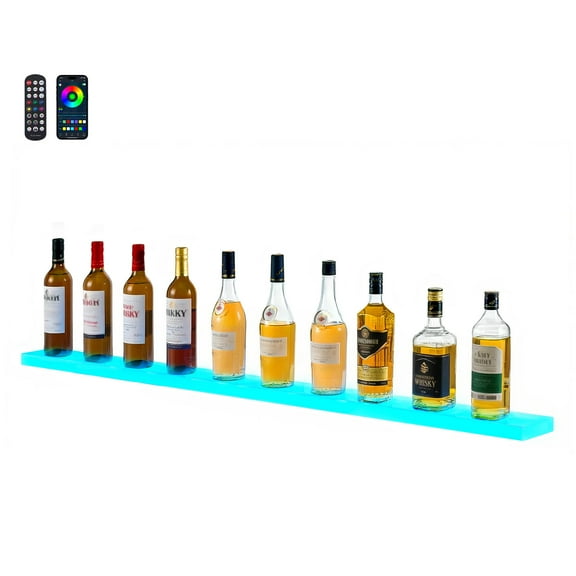 VEVOR LED Lighted Liquor Bottle Display, 1-Tier 60 Inches Whiskey Rack, Supports USB, Illuminated Home Bar Shelf with RF Remote & App Control, 7 Static Colors, Acrylic Lighted Shelf for 15 Bottles