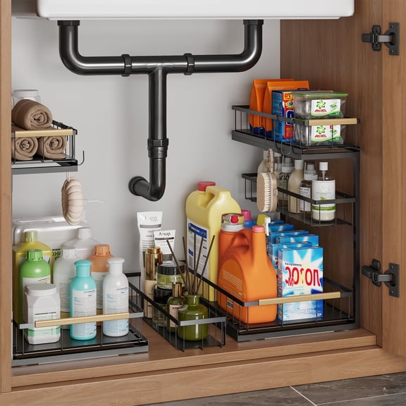 Alow Under Sink Organizer and Storage for Bathroom and Kitchen - 2 Pack Pull Out Under Cabinet Shelf Organizers - 3 Tier Sliding Out Drawer Organization for Home Cabinets Shelves and Drawers