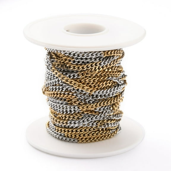 Two Tone 304 Stainless Steel Curb Chains Twisted Chains Unwelded with Spool Golden & Stainless Steel color 4x3x1.5mm 32.8 Feet(10m)/roll