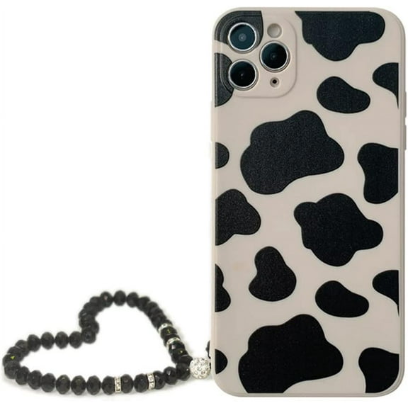 Cute Cow Print Case iPhone 13 pro Max with Bling Crystal Beads Hand Wrist Lanyard Strap,Slim Thin Shockproof Anti-Slip Tire Protective Cover Case iPhone 13 Pro Max 6.7 inch 2021