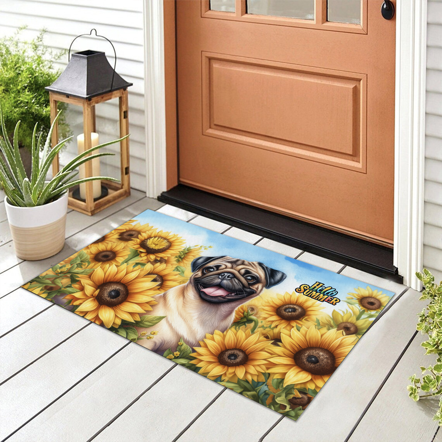 Pug Hello Summer Sunshine Sunflowers Spring Retro Vintage Doormat Dog Lover Gifts Indoor Outdoor Welcome Mat - 00008