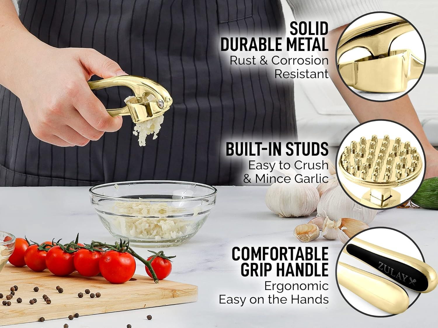 Kitchen Premium Garlic Press with Soft Easy to Squeeze Handle Includes Silicone Garlic Peeler and Cleaning Brush 3 Piece Garlic Mincer Tool Sturdy Easy to Clean Garlic Crusher Gold