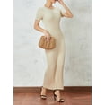 thumbnail image 5 of Cenuakty Women Fashion Long Dress Solid Color Round Neck Short Sleeve Dress Summer Tie-Up Party Rib Knit Dress, 5 of 9
