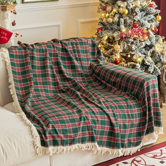 Christmas Plaid Sofa Cover Throw Blanket, Tassel Decor Farmhouse Sofa Slipcover, Reversible Couch Cover for Furniture Protection, Holiday Xmas Home Decoration