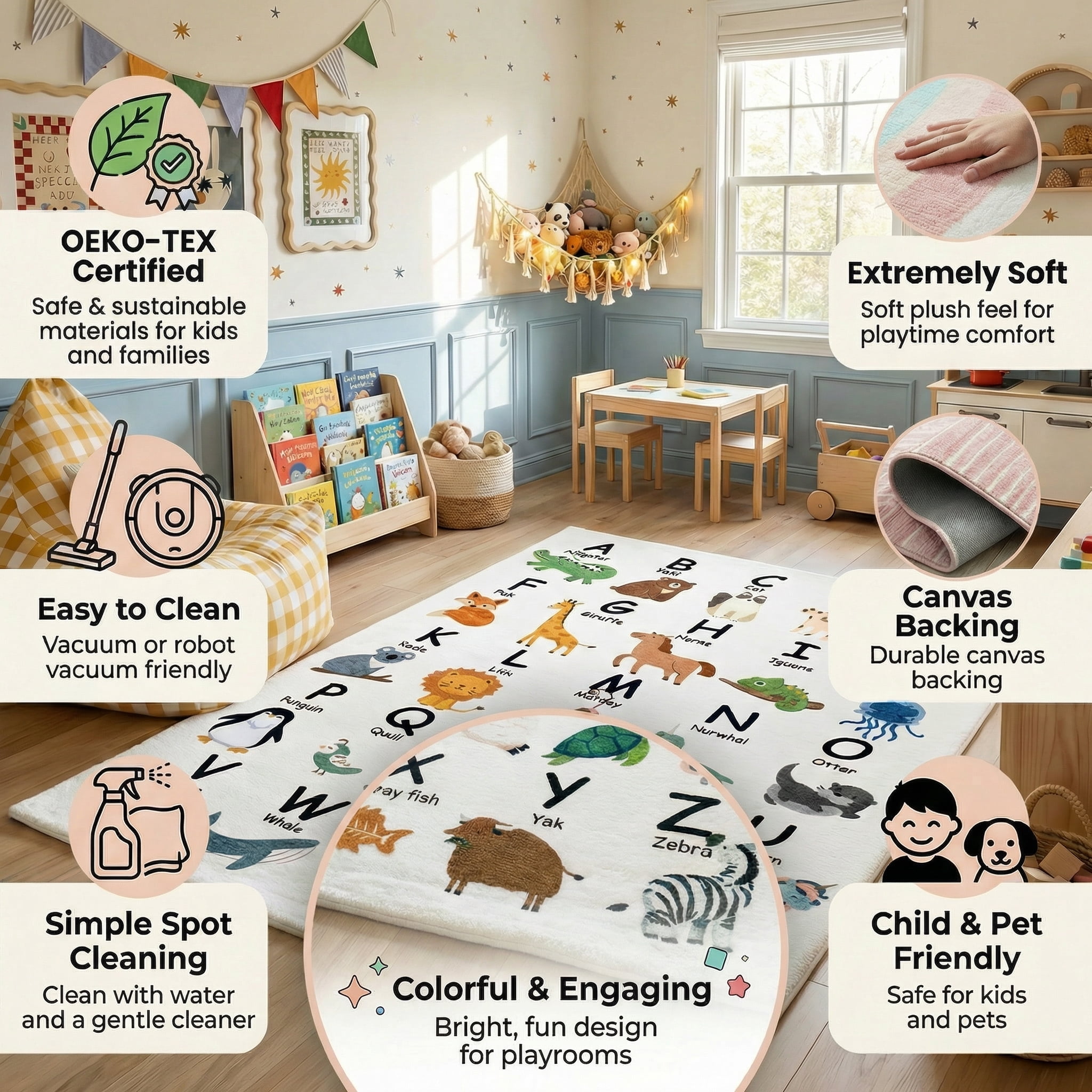 Rug Branch Soft Steps Playtime Alphabet Animals, Educational Learning Soft Area Rug, White Beige - Boys & Girls in Playroom, Nursery, Bedroom