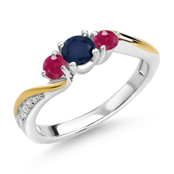Gem Stone King 925 Silver and 10K Yellow Gold Blue Sapphire Red Ruby and White Lab Grown Diamond 3 Stone Engagement Ring for Women (0.69 Cttw, September Birthstone, Size 9)