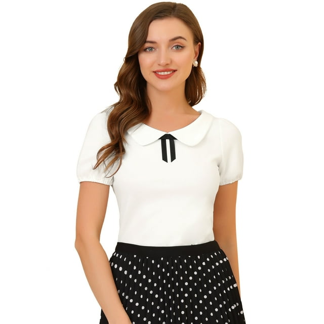 INSPIRE CHIC Women's Flat Collar Elastic Cuff Bow Decor Blouse Top