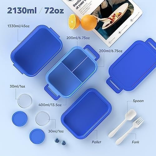 Adult Bento Lunch Box - 3 Layers Stackable Bento Lunch Box for Adults, 72oz Large All-in-One Bento Box Leak-Proof Lunch boxes with Utensil Sauce Containers, Ideal for Dining Out,Work, Blue