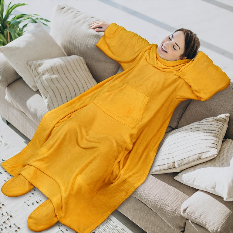 PAVILIA Fleece Blanket with Sleeves and Foot Pockets for Women Men Adults Wearable Blanket Sleeved Throw Wrap Plush Hug Sleep Pod Snuggle Blanket