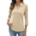 thumbnail image 2 of Hearthz Khaki Women's Polo Shirt 3/4 Sleeve Collared Uniform Womans Shirt Business Casual Golf Polo Shirts, 2 of 6