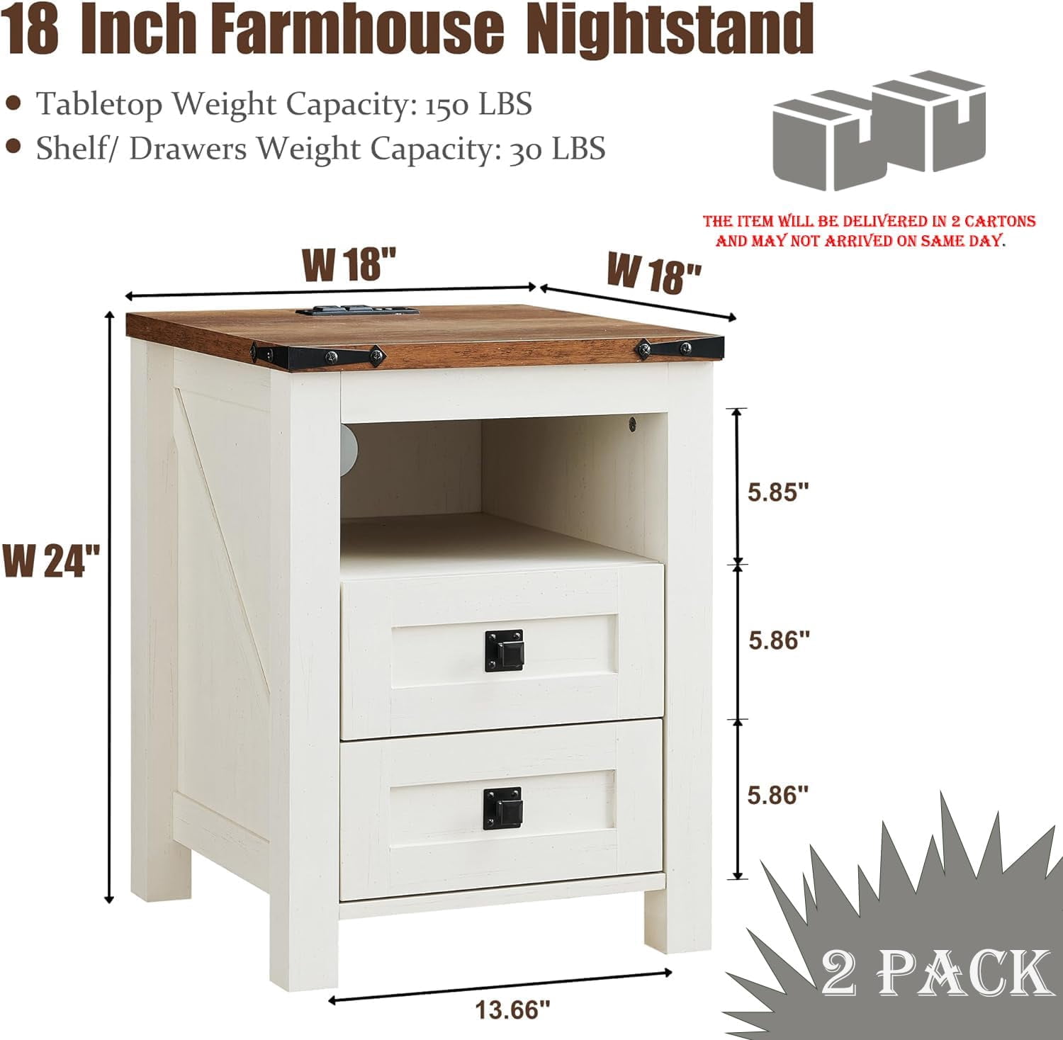 OKD Farmhouse Nightstand Set of 2 with Charging Station, 2-Drawer End Table, Antique White