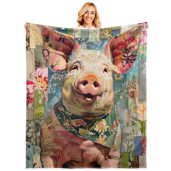 Cute Pig Blanket Pigs Lying on The Green Fence with Daisy Floral Throw Blankets Lightweight Flannel Throws for Camping Couch Chair Office Bed Home Decor Gifts for Adults