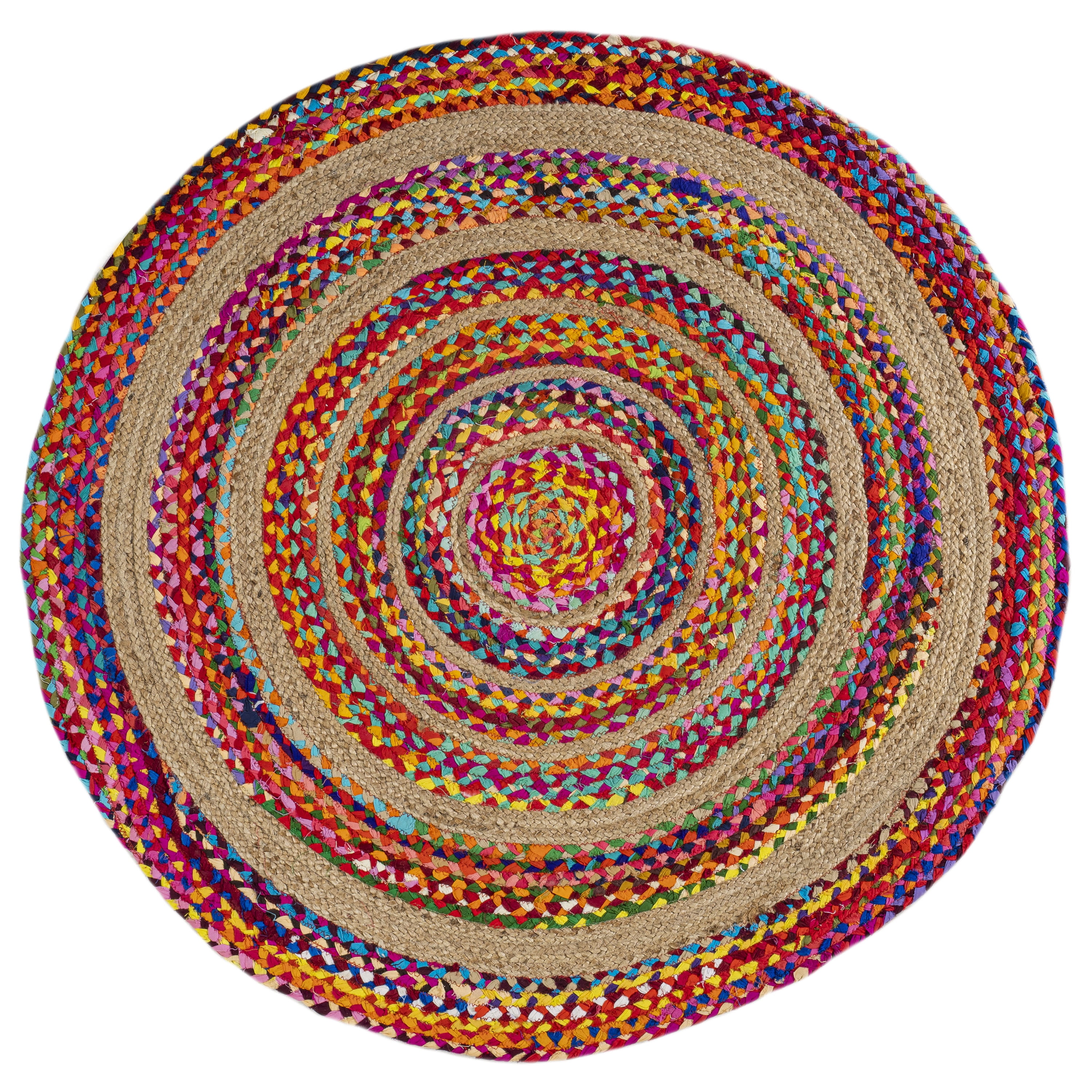 JONATHAN Y ANSA 8' Round Area Rug, Isla Boho Braided Rag & Jute - Multi/Natural, RNF105A-8R