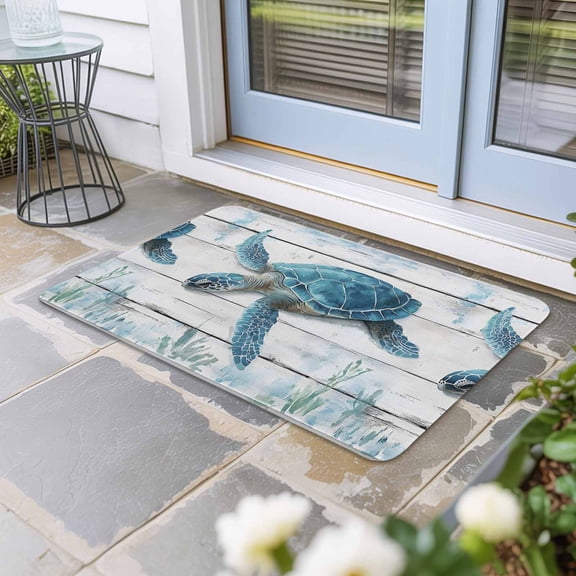 Sea Turtle Blue Door Mat Indoor Outdoor, Coastal Ocean Seaweed Wooden Grain Non Slip Welcome Mat with Rubber Backing, Absorbent Fabric Front Door Mats Entryway Rug for Home Patio Entrance 20"x31.5"