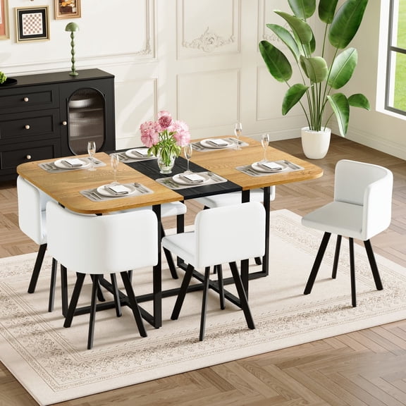 Miekor Furniture 7-Piece Rectangular Dining Table Set, Fixed Two-Tone Wood Grain & Black Triamine Tabletop with 6 White PU Leather Chairs, Modern Kitchen Table Set for 6 People, Ideal for Smal No4735