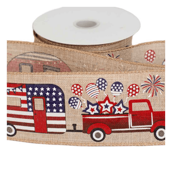 Roll of Patriotic Trucks, Campers and Fireworks Wired Edge Ribbon - For Patriotic and Everyday Decor, 4th of July, Memorial and Veteran's Day