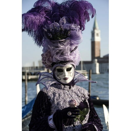 Feather In Italian Lady in Black and Purple Mask and Feathered Hat, Venice Carnival, Venice, Veneto, Italy Print Wall Art By James Emmerson ()