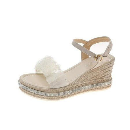 

Wedge Sandals for Women Buckle Ankle Strap Open Toe Chunky Platform Sandals Sparkly Sequins Mesh Sheer Strappy Sandal
