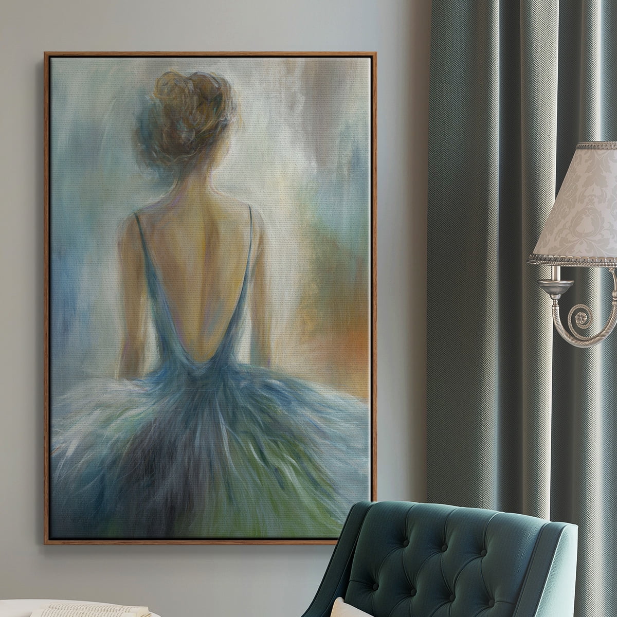 Lady in Blue Framed Premium Gallery Wrapped Canvas - Ready to Hang - 27 x 41 - Walnut Floating Frame