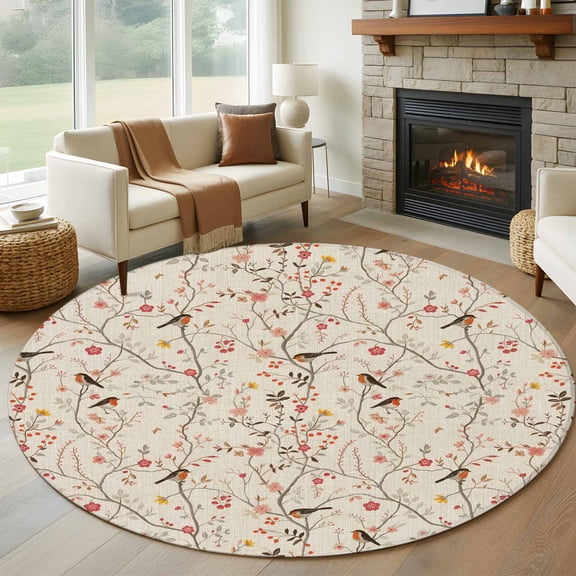 Flowers Birds Round Rug 5ft Washable Circle Kitchen Rugs Non Slip Country Retro Botanical Floral Branches Large Area Rug Indoor Floor Carpet for Bedroom Living Room Home Office Dining Room Nursery