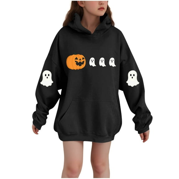 SERTG Children Halloween Printed Hooded Tops Long Sleeved Sweatshirt with Pockets Fleece Top Hooded Sweatshirt for Girls 3-14 Years(Black,7-8 Years)