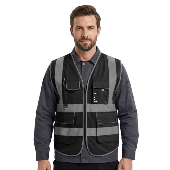 TOPTIE 8 Pockets High Visibility Safety Vest ANSI ISEA Class 2 Reflective Vest-Black-4XL